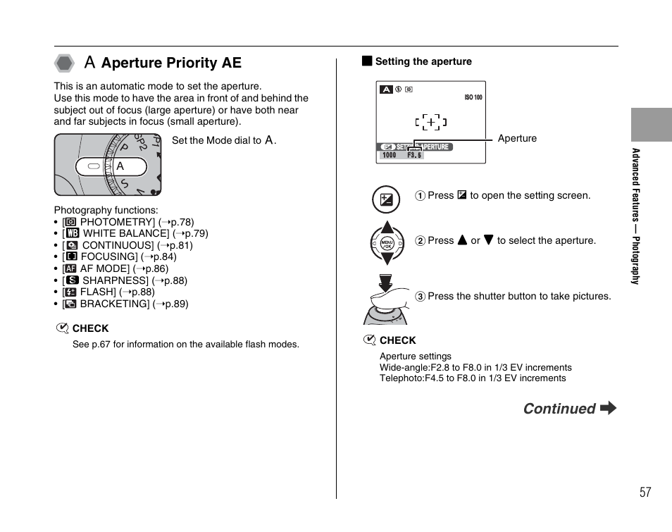 Aperture priority ae, Continued q | FujiFilm FinePix BL00677-200(1) User Manual | Page 57 / 166