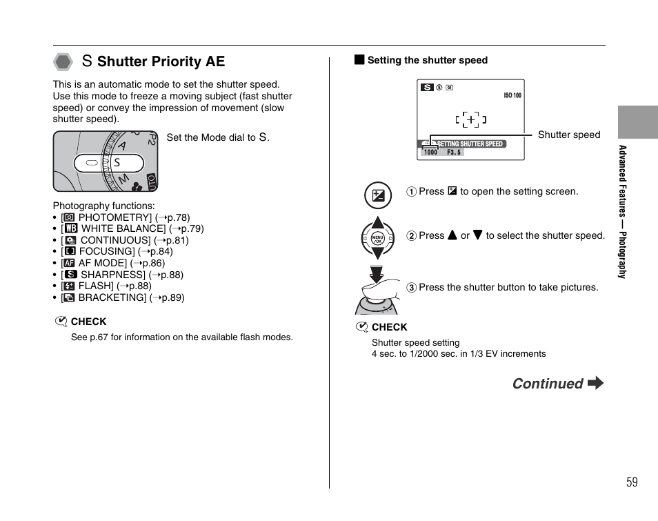 M shutter priority ae, Continued q | FujiFilm FinePix BL00677-200(1) User Manual | Page 59 / 166