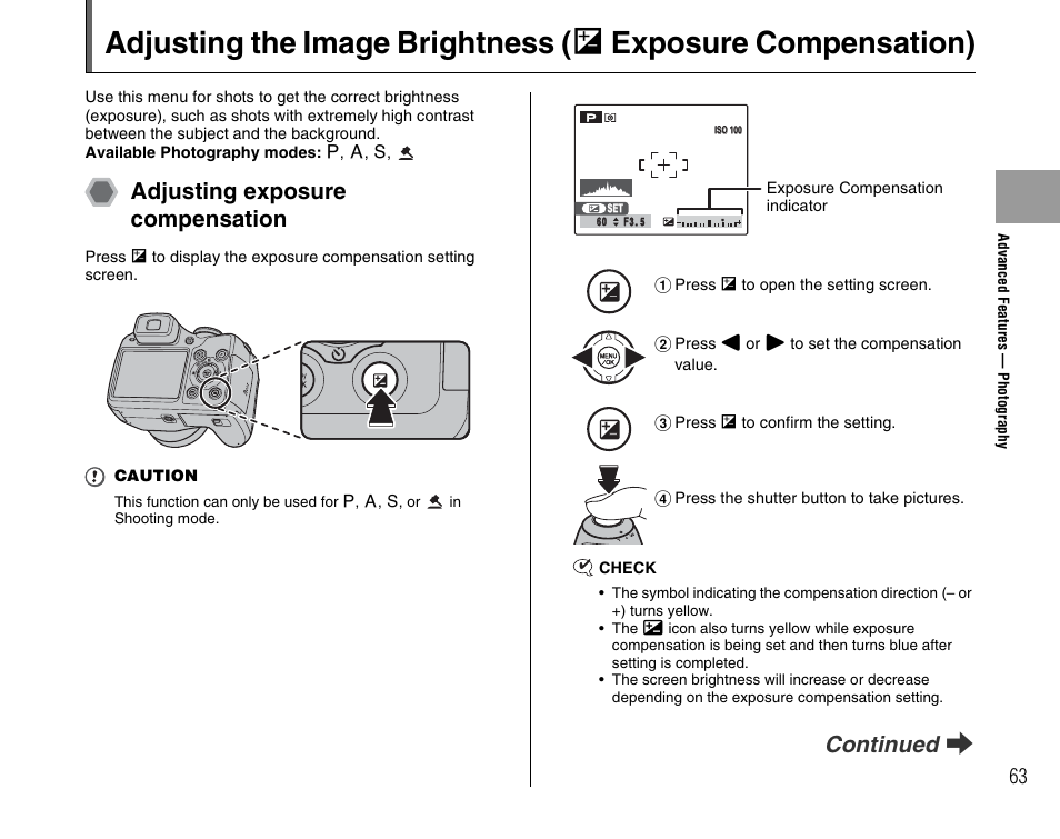 Adjusting exposure compensation, Continued q | FujiFilm FinePix BL00677-200(1) User Manual | Page 63 / 166