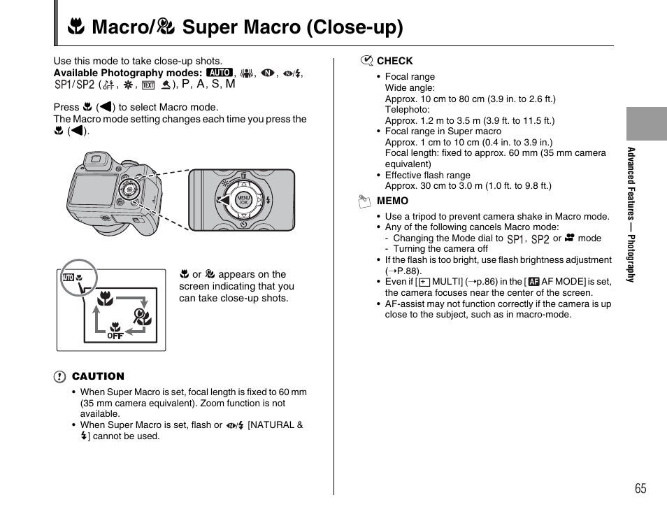 E macro/ > super macro (close-up) | FujiFilm FinePix BL00677-200(1) User Manual | Page 65 / 166