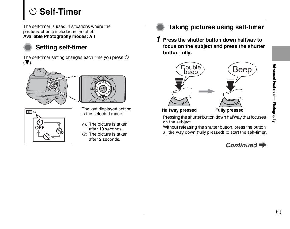 Self-timer, Beep, Setting self-timer | Taking pictures using self-timer, Continued q, Double beep | FujiFilm FinePix BL00677-200(1) User Manual | Page 69 / 166
