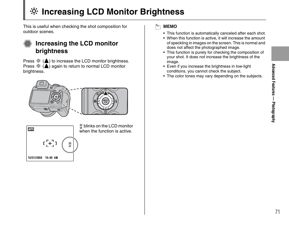 J increasing lcd monitor brightness, Increasing the lcd monitor brightness | FujiFilm FinePix BL00677-200(1) User Manual | Page 71 / 166