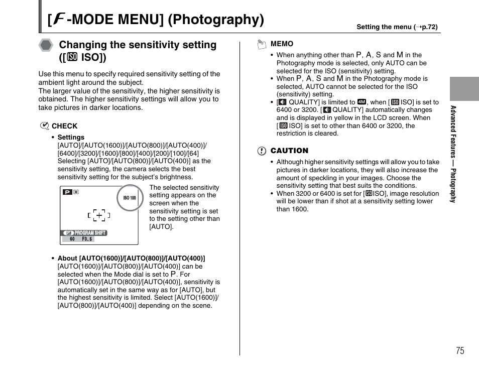 P -mode menu] (photography), Changing the sensitivity setting ([ s iso]) | FujiFilm FinePix BL00677-200(1) User Manual | Page 75 / 166