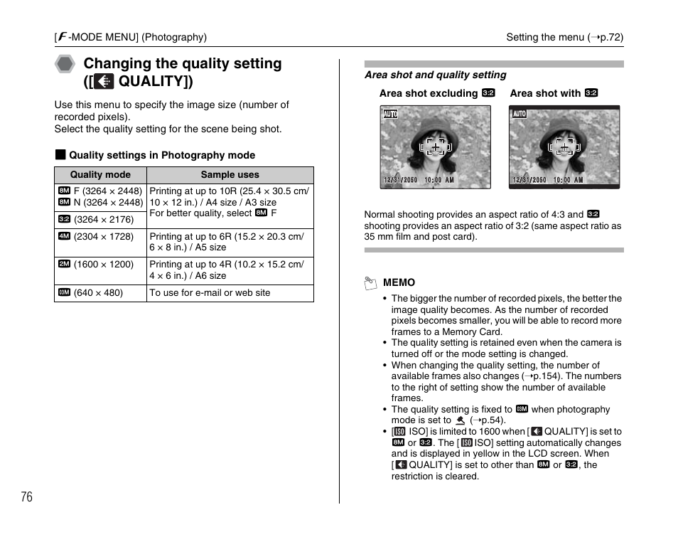 Changing the quality setting ([ quality]) | FujiFilm FinePix BL00677-200(1) User Manual | Page 76 / 166
