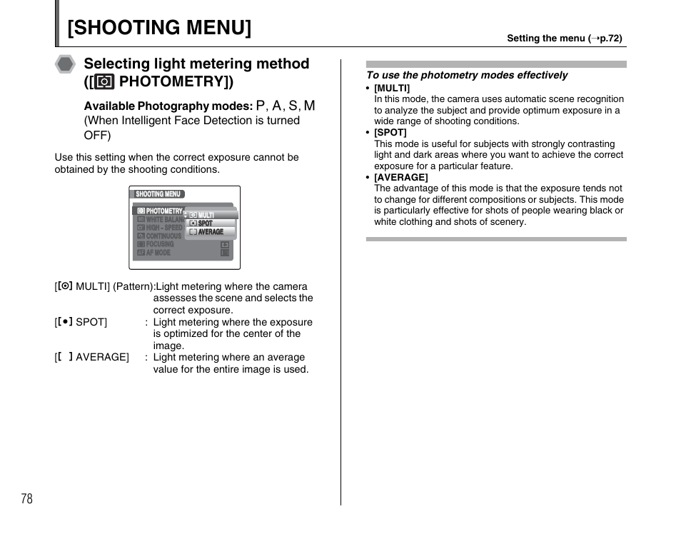 Shooting menu, Selecting light metering method ([ photometry]) | FujiFilm FinePix BL00677-200(1) User Manual | Page 78 / 166