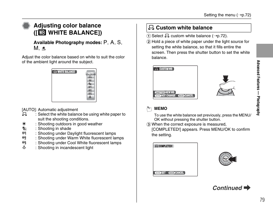 Adjusting color balance ([ t white balance]), Continued q, Custom white balance | FujiFilm FinePix BL00677-200(1) User Manual | Page 79 / 166