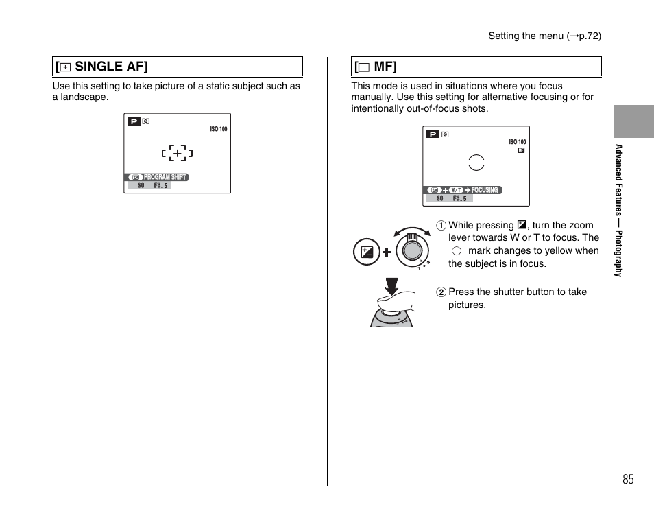 Single af | FujiFilm FinePix BL00677-200(1) User Manual | Page 85 / 166