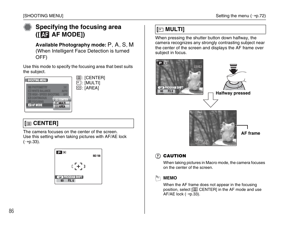 Specifying the focusing area ([ af mode]), Center, Multi | FujiFilm FinePix BL00677-200(1) User Manual | Page 86 / 166