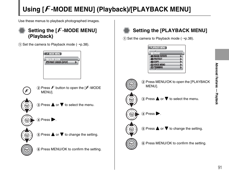 Using [ p -mode menu] (playback)/[playback menu, Setting the [ p -mode menu] (playback), Setting the [playback menu | FujiFilm FinePix BL00677-200(1) User Manual | Page 91 / 166