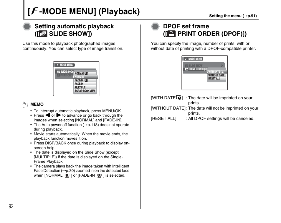 P -mode menu] (playback), Setting automatic playback ([ slide show]), Dpof set frame ([ print order (dpof)]) | FujiFilm FinePix BL00677-200(1) User Manual | Page 92 / 166
