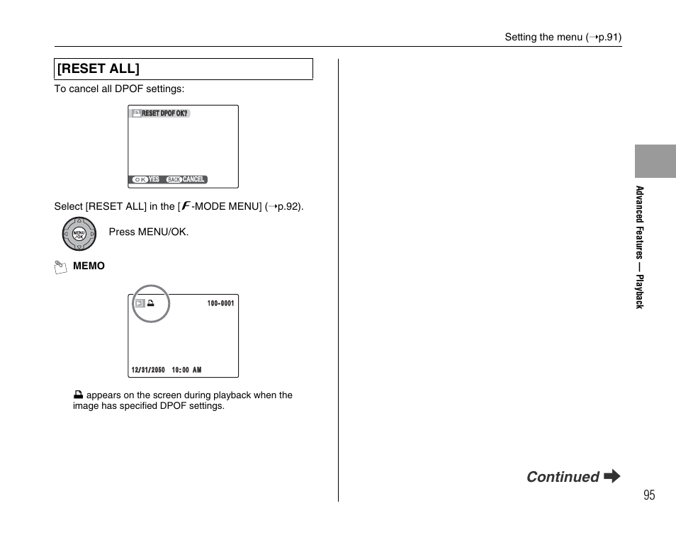 Continued q, Reset all | FujiFilm FinePix BL00677-200(1) User Manual | Page 95 / 166