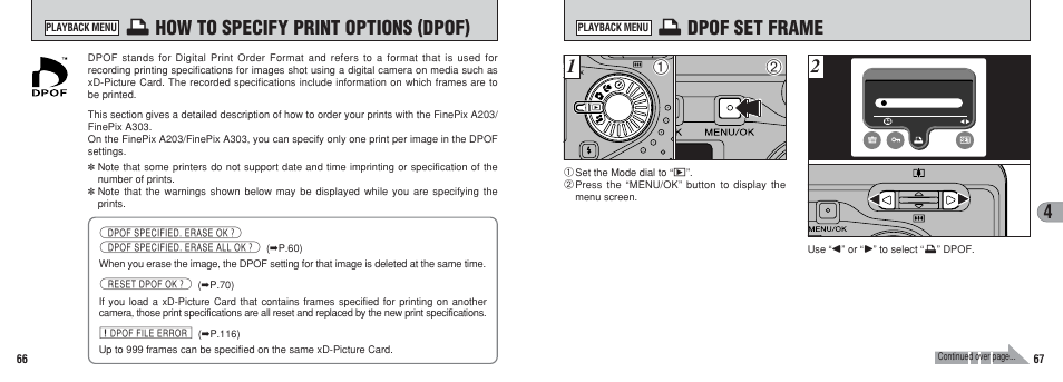 I dpof set frame, I how to specify print options (dpof) | FujiFilm A203 User Manual | Page 34 / 67