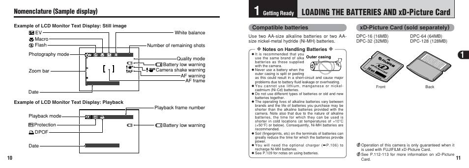 Loading the batteries and xd-picture card, Nomenclature (sample display) | FujiFilm A203 User Manual | Page 6 / 67