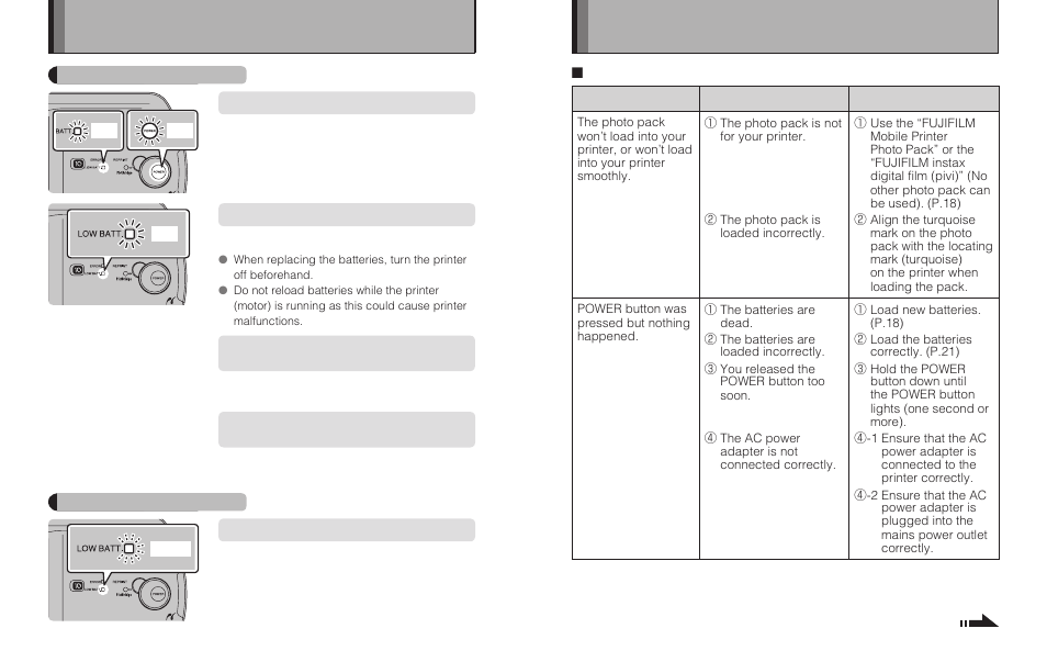 Error - low battery lamp, Troubleshooting | FujiFilm MP-300 User Manual | Page 22 / 27