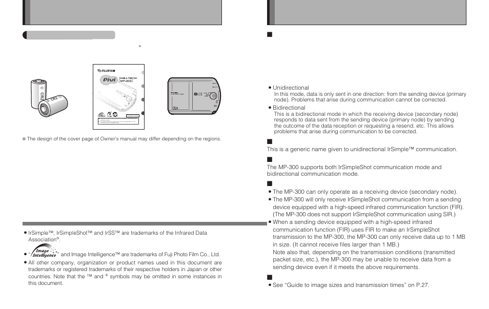 Introduction, About irsimple, Contents of package | What is irsimple, What is irsimpleshot™ (irss™), Irsimple™ compatibility on the mp-300, Restrictions on irsimple™ on the mp-300, Irsimple™ transmission speed | FujiFilm MP-300 User Manual | Page 5 / 27