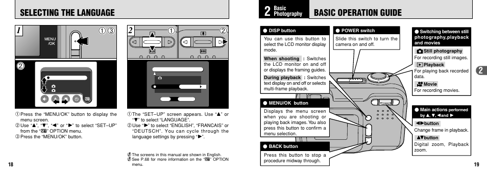 Basic operation guide, Selecting the language | FujiFilm 2650 User Manual | Page 10 / 63