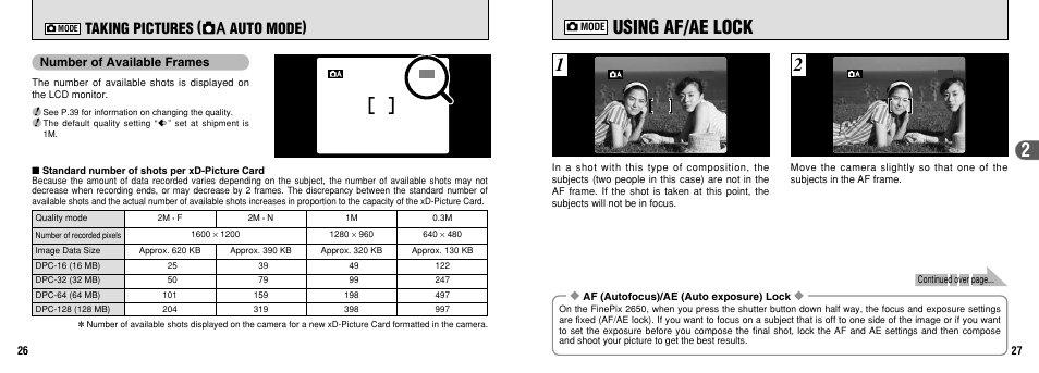 12 using af/ae lock, Taking pictures ( a auto mode), Number of available frames | FujiFilm 2650 User Manual | Page 14 / 63