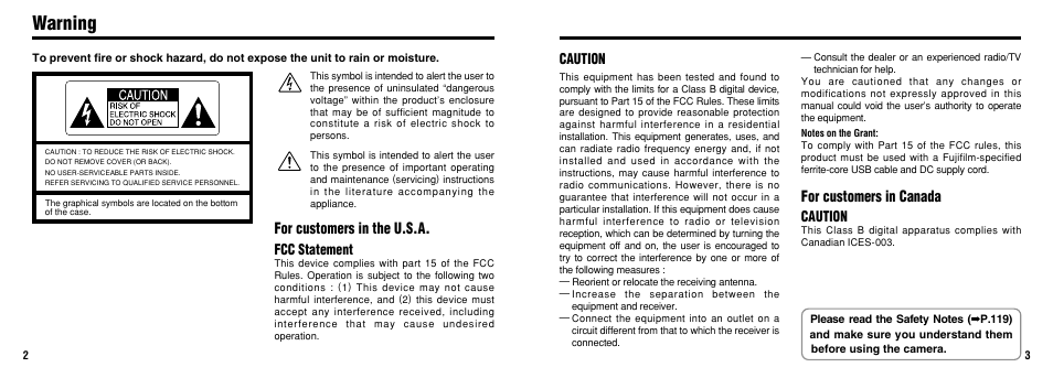 Warning, For customers in the u.s.a, For customers in canada | Fcc statement, Caution | FujiFilm 2650 User Manual | Page 2 / 63