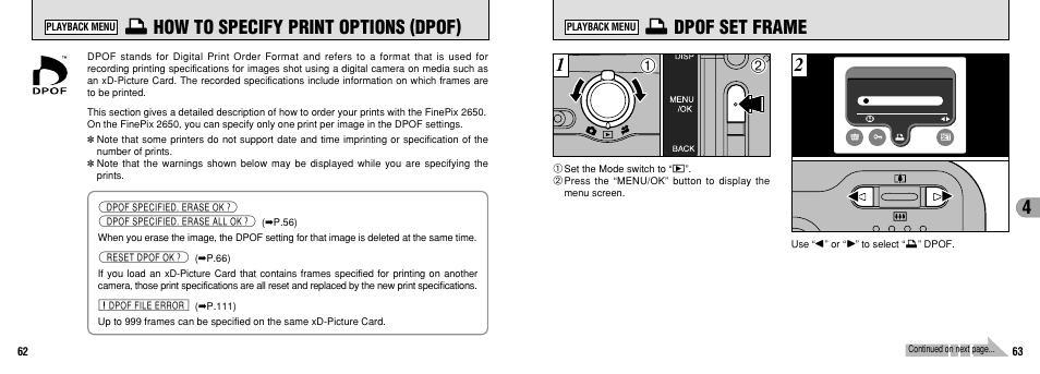 I dpof set frame, I how to specify print options (dpof) | FujiFilm 2650 User Manual | Page 32 / 63