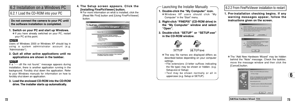 2 installation on a windows pc, Launching the installer manually, 2 from finepixviewer installation to restart | 1 load the cd-rom into your pc | FujiFilm 2650 User Manual | Page 37 / 63