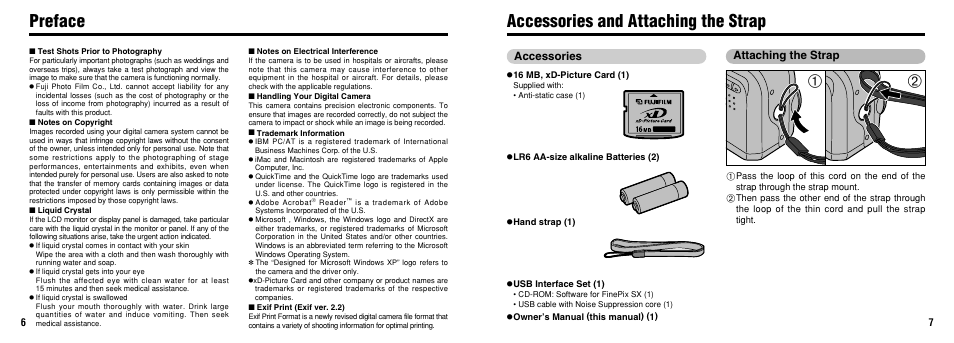 Preface accessories and attaching the strap, Accessories, Attaching the strap | FujiFilm 2650 User Manual | Page 4 / 63