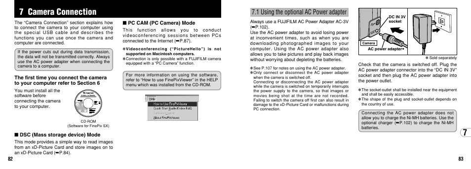 7 camera connection, 1 using the optional ac power adapter | FujiFilm 2650 User Manual | Page 42 / 63