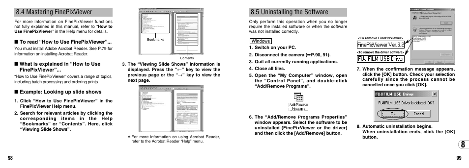 5 uninstalling the software, 4 mastering finepixviewer | FujiFilm 2650 User Manual | Page 50 / 63