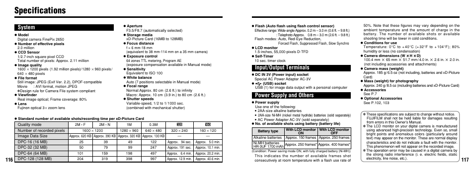 Specifications, Input/output terminals power supply and others, System | FujiFilm 2650 User Manual | Page 59 / 63