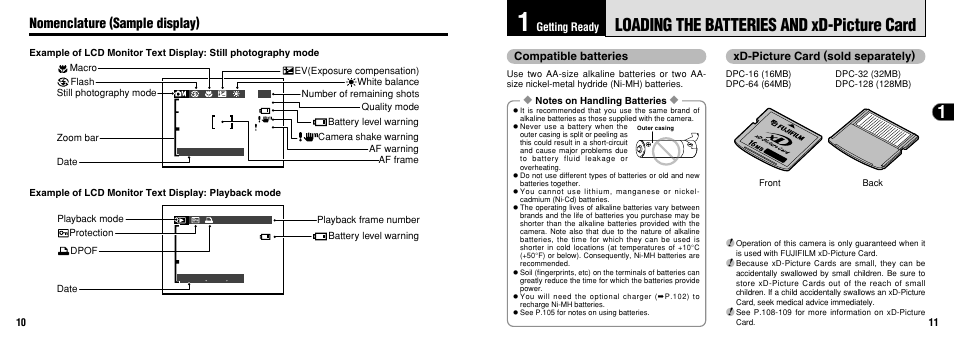 Loading the batteries and xd-picture card, Nomenclature (sample display) | FujiFilm 2650 User Manual | Page 6 / 63