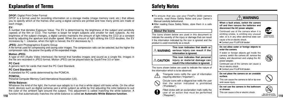 Explanation of terms, Warning | FujiFilm 2650 User Manual | Page 60 / 63