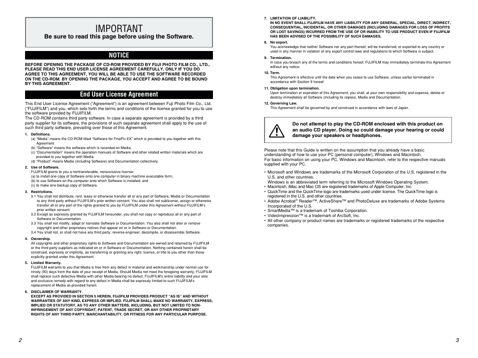 Important, Notice, End user license agreement | FujiFilm FINEPIX EX3.1 User Manual | Page 2 / 55