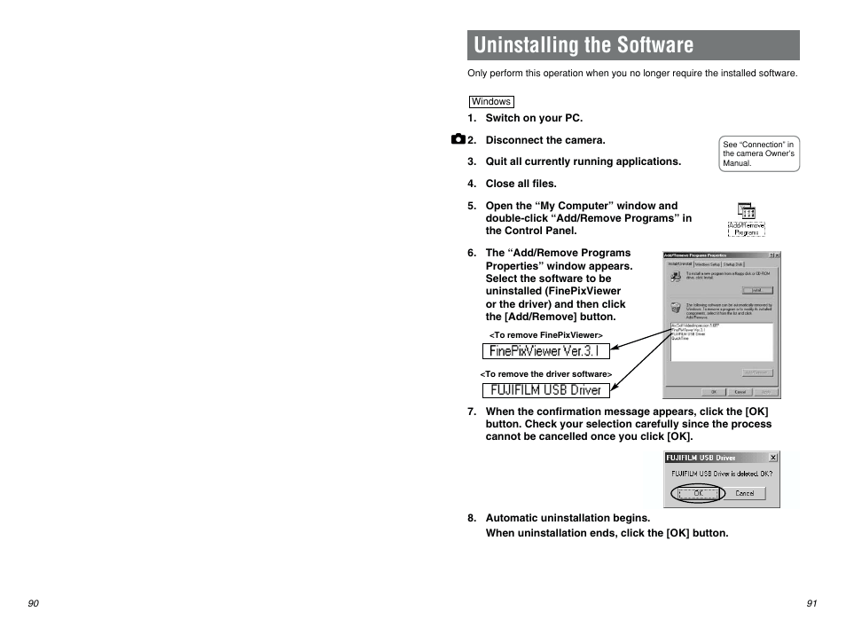 Uninstalling the software | FujiFilm FINEPIX EX3.1 User Manual | Page 46 / 55