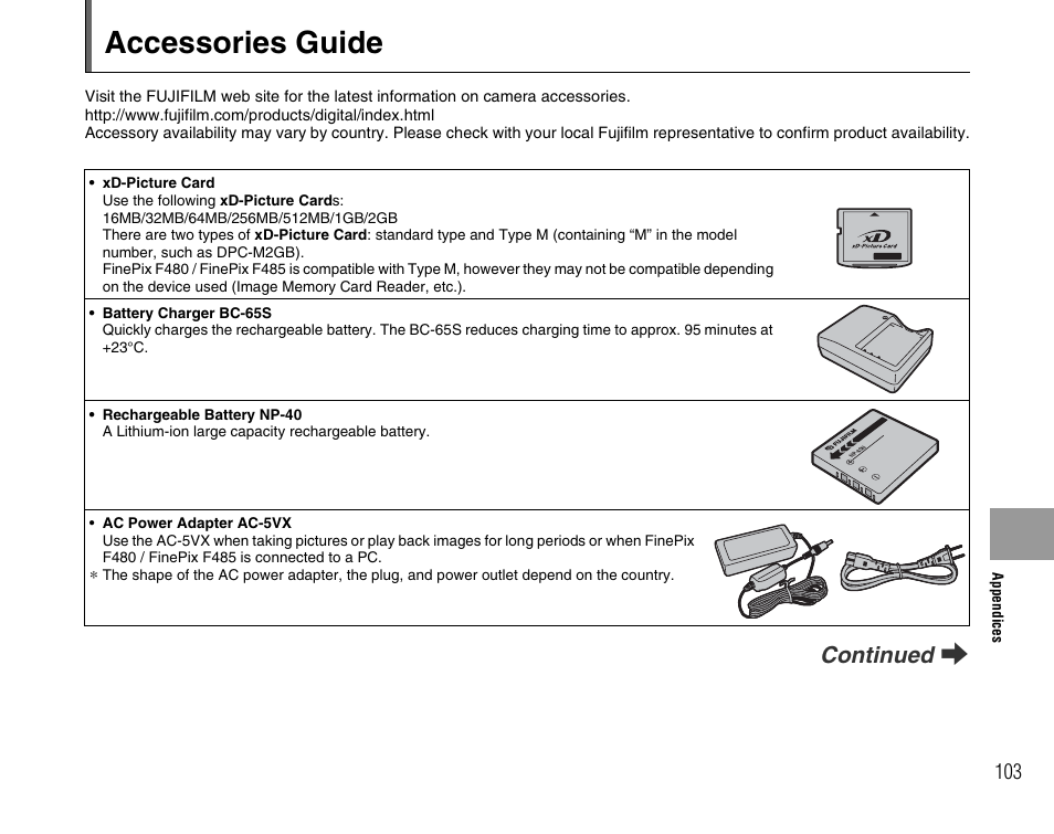 Accessories guide, Continued q | FujiFilm F480/F485 User Manual | Page 103 / 134