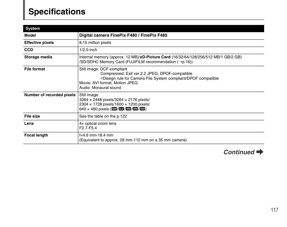 Specifications, Continued q | FujiFilm F480/F485 User Manual | Page 117 / 134