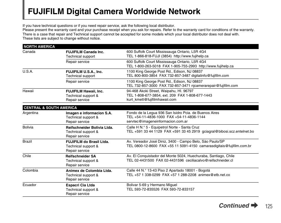 Fujifilm digital camera worldwide network, Continued q | FujiFilm F480/F485 User Manual | Page 125 / 134