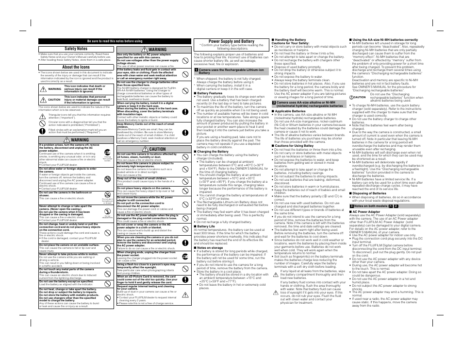 About the icons, Warning, Caution | Power supply and battery | FujiFilm F480/F485 User Manual | Page 134 / 134