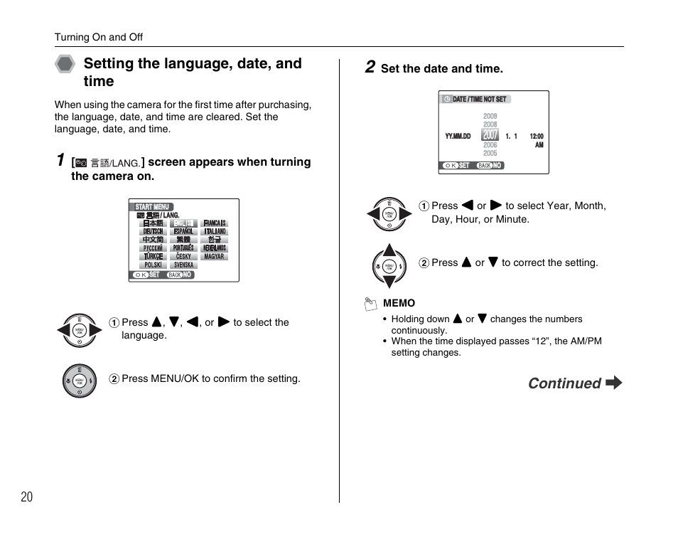 Setting the language, date, and time, Continued q | FujiFilm F480/F485 User Manual | Page 20 / 134