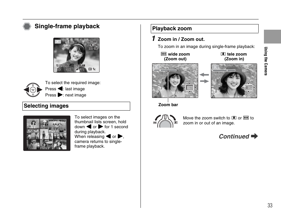 Single-frame playback, Continued q, Selecting images | Playback zoom, Zoom in / zoom out | FujiFilm F480/F485 User Manual | Page 33 / 134