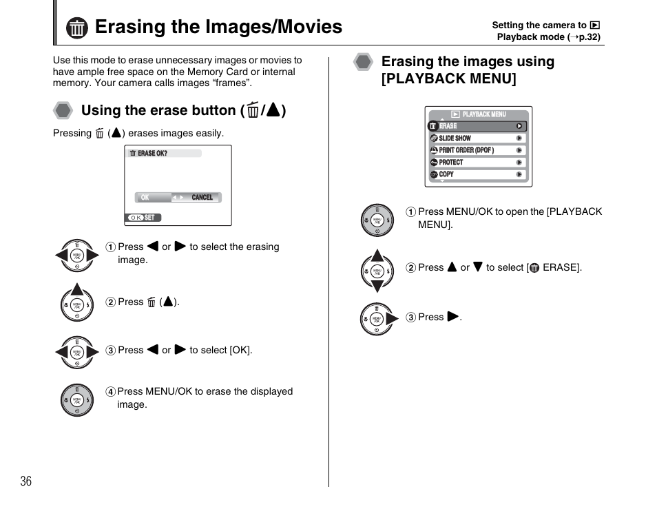 Erasing the images/movies, Using the erase button ( / n ), Erasing the images using [playback menu | FujiFilm F480/F485 User Manual | Page 36 / 134