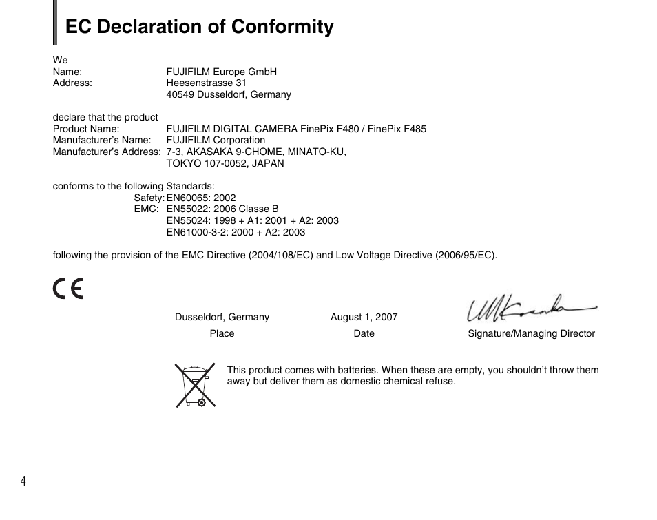 Ec declaration of conformity | FujiFilm F480/F485 User Manual | Page 4 / 134