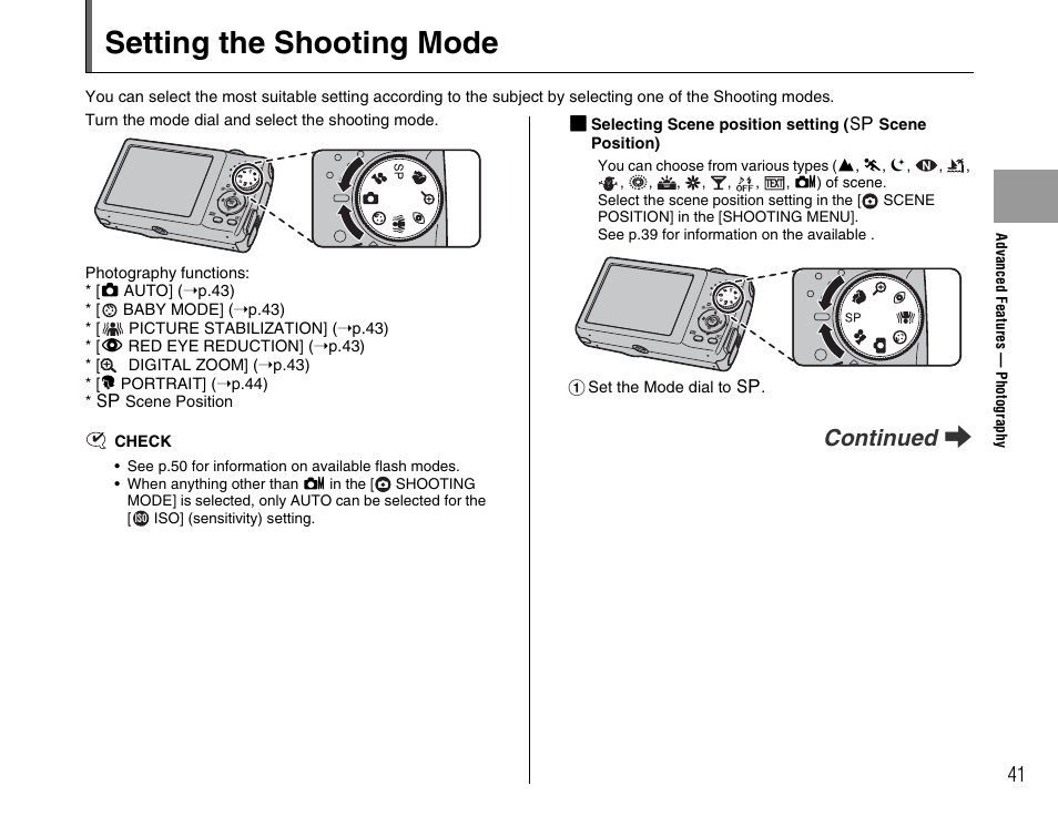 Setting the shooting mode, Continued q | FujiFilm F480/F485 User Manual | Page 41 / 134