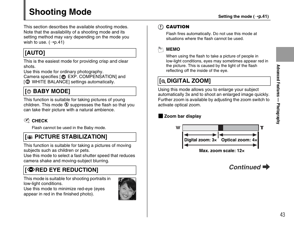 Shooting mode, Continued q | FujiFilm F480/F485 User Manual | Page 43 / 134