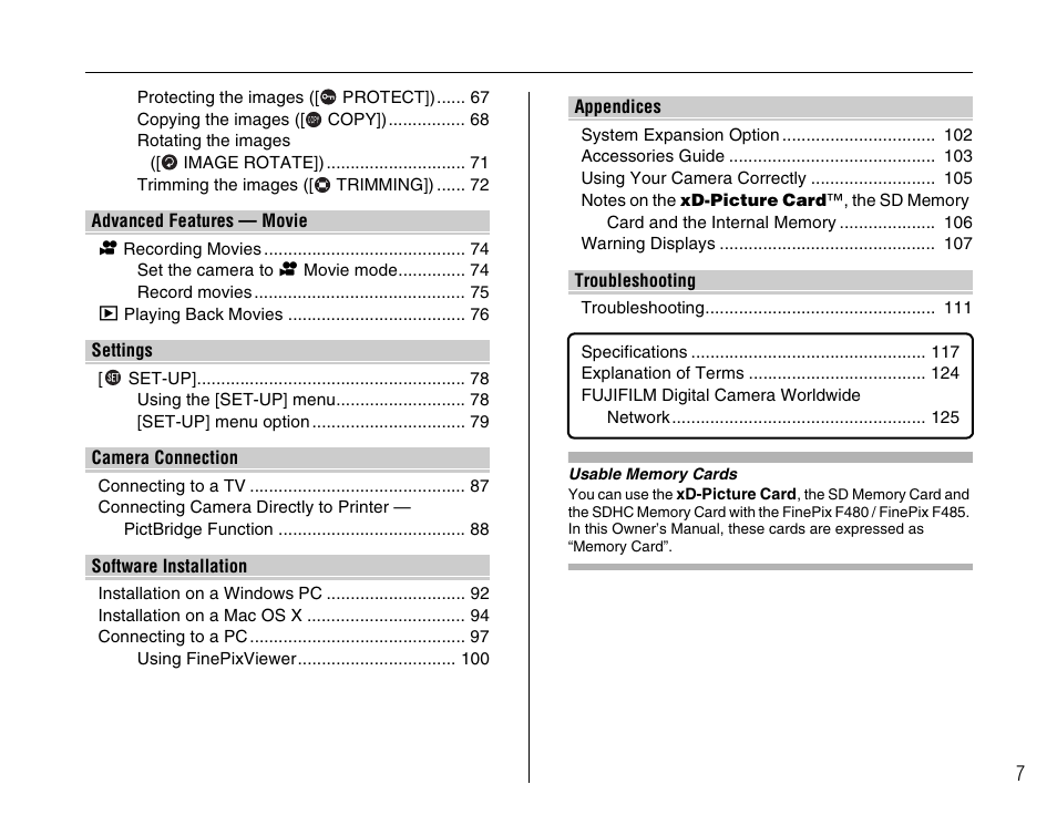 FujiFilm F480/F485 User Manual | Page 7 / 134