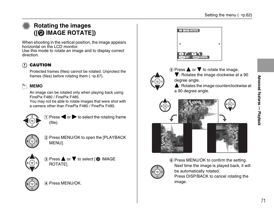 Rotating the images ([ image rotate]) | FujiFilm F480/F485 User Manual | Page 71 / 134