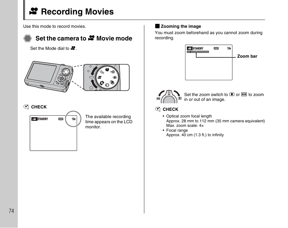 R recording movies, Set the camera to r movie mode | FujiFilm F480/F485 User Manual | Page 74 / 134