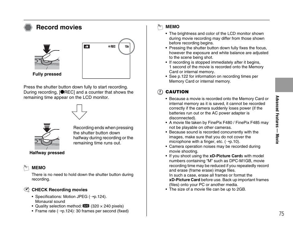 Record movies | FujiFilm F480/F485 User Manual | Page 75 / 134