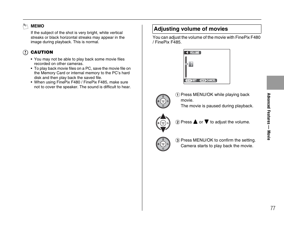 Adjusting volume of movies | FujiFilm F480/F485 User Manual | Page 77 / 134