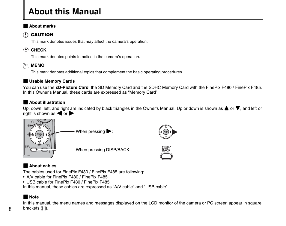 About this manual | FujiFilm F480/F485 User Manual | Page 8 / 134