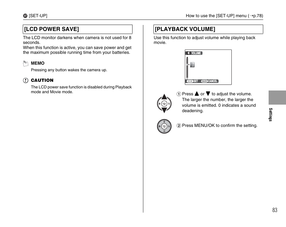 Lcd power save] [playback volume | FujiFilm F480/F485 User Manual | Page 83 / 134