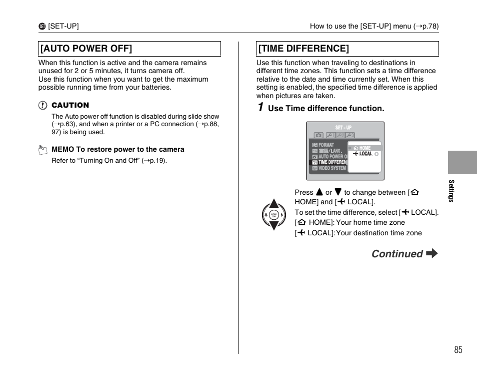 Continued q, Auto power off] [time difference | FujiFilm F480/F485 User Manual | Page 85 / 134